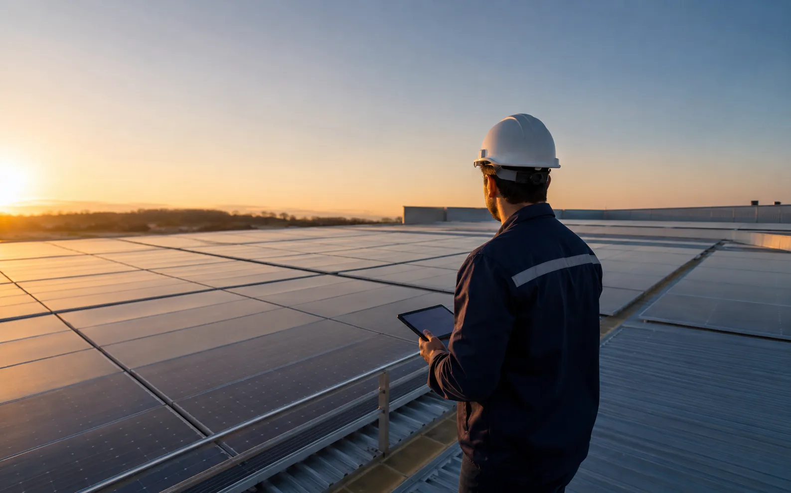 Engenheiro analisando uma instalação de painéis solares